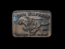 JJ03117 VINTAGE 1970s PONY EXPRESS OVERLAND MAIL CO BRASSTONE BELT BUCKLE