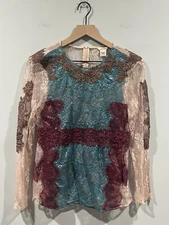 Sundance Coppelia Long Sleeve Top Sheer Embroidered Mesh Lace Appliqué Size 10