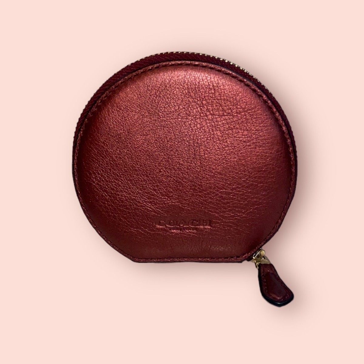 ✩.*˚♡ COACH Coin Purse Round Emoji Heart Glitter Bling Bordeaux Zip