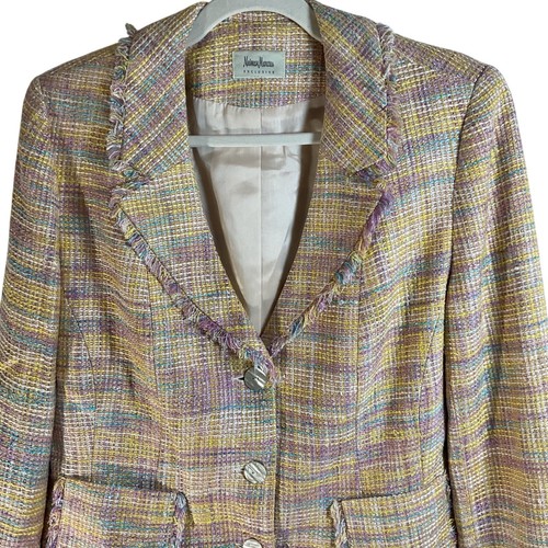 Giacca blazer vintage Neiman Marcus tweed taglia 14 rosa pastello seta frange classico - Foto 2 di 8