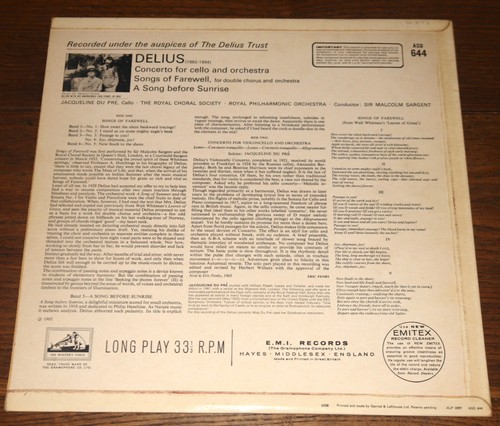 JACQUELINE DU PRE SARGENT DELIUS ~ S/C SEMI-CIRCLE NIPPER STEREO HMV ASD 644 LP - Picture 3 of 8
