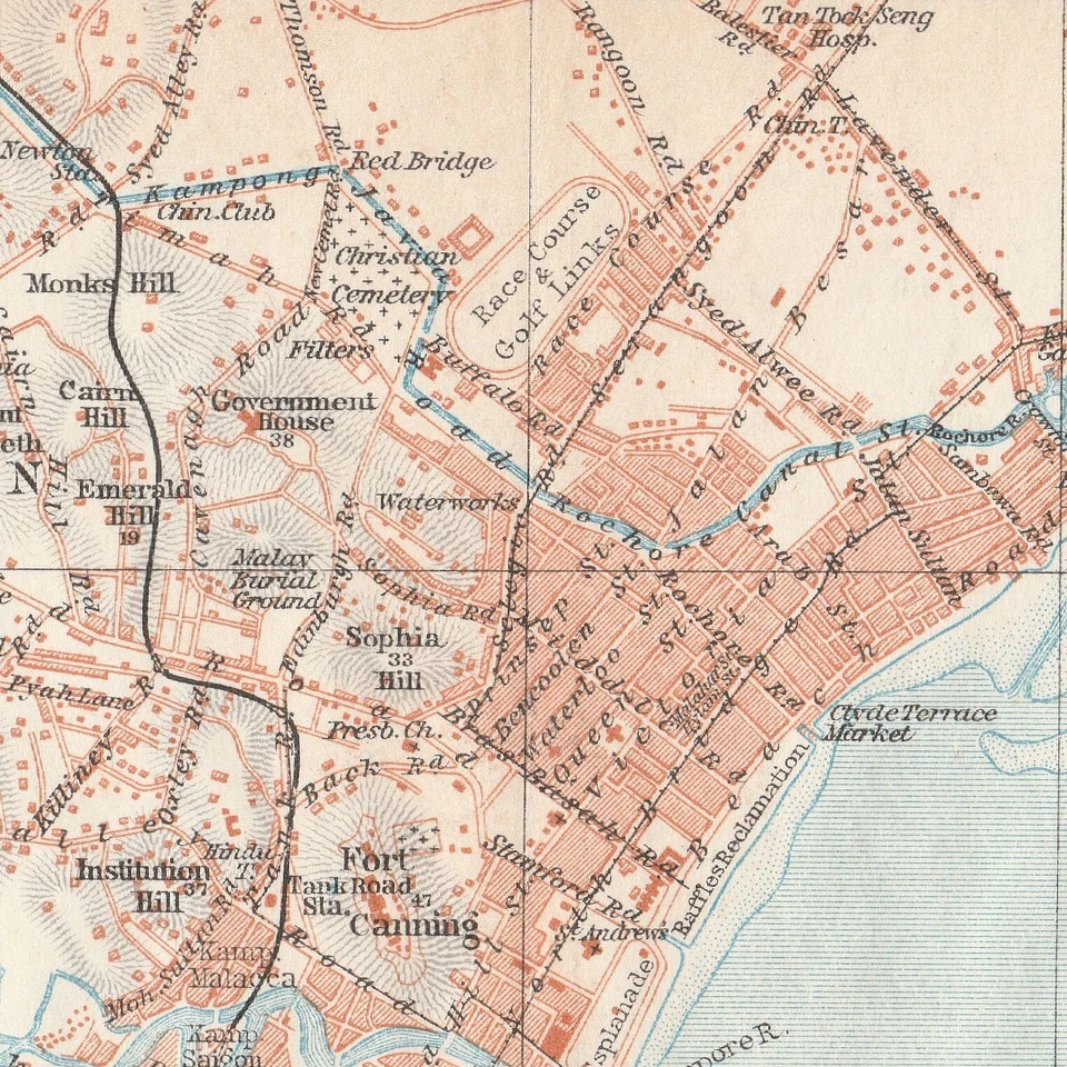 SINGAPUR MAPA ORIGINAL CIUDAD PLANO CALLE SUDESTE ASIÁTICO MALASIA 1914 Foto 3 de 4