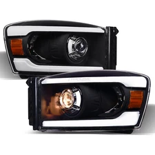 Topline For 2006-2009 Dodge Ram LED Strip Bar Projector Headlights Amber - Black