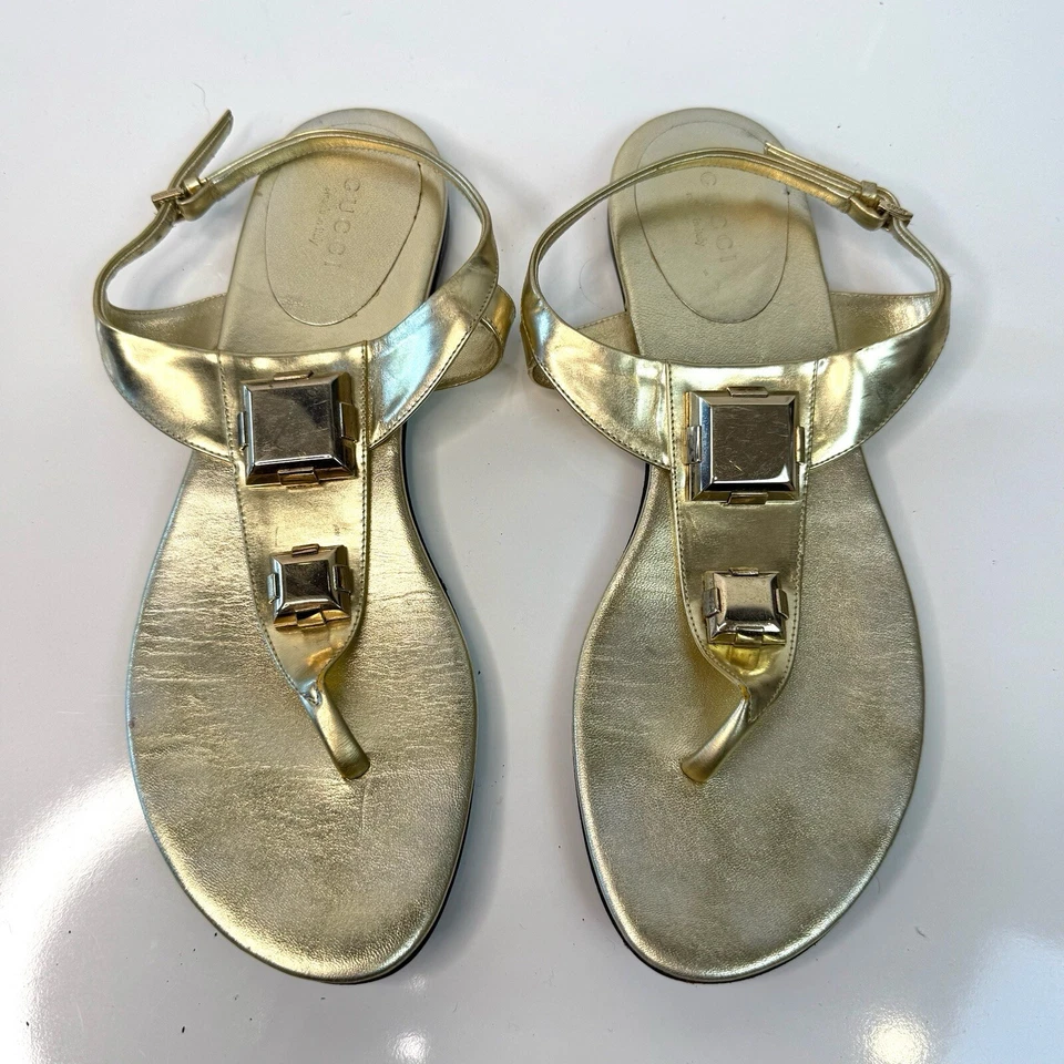 Gucci Size 37 7 Gold Leather Strappy Flat Vintage Sandals - Image 2 of 4