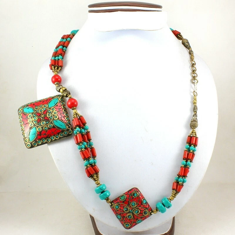 Anhänger Halskette Natur Tibetisch Türkis Rot Quarz Edelstein Handarbeit Perlen - Bild 3 von 4