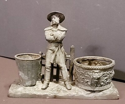 Antique French? Spelter Statue Centerpiece 1830's Rural Man Leans Fence Basket 
