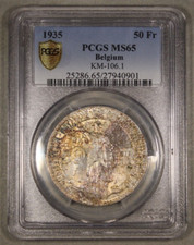 1935 Belgium Silver 50 Francs Railway Centennial PCGS MS65