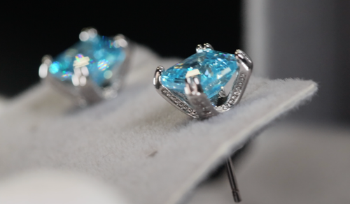 Blue Asscher Diamond Earings | Asscher Ear Studs | Aquamarine Simulated Diamond - Picture 3 of 7