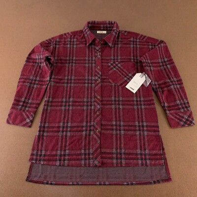 Cisono Women's Size Small Burgundy Plaid Ultra Soft Brushed Button Front Top NWT