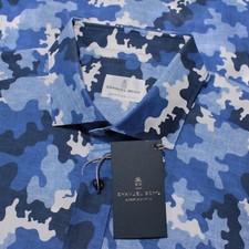 Emanuel Berg NWT Casual Button Down Shirt Size 43 17 L/XL in Blue Camo Print