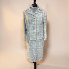 Pastel Tweed Skirt Suit Set 60s Blue Green Boucl Jackie O Mod Jacket Skirt M