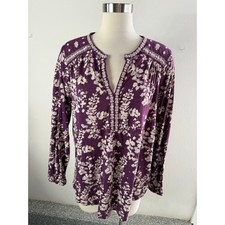 Lucky Brand Womens Plus 1X Purple Floral Embroidered Split Neck Knit Top Boho