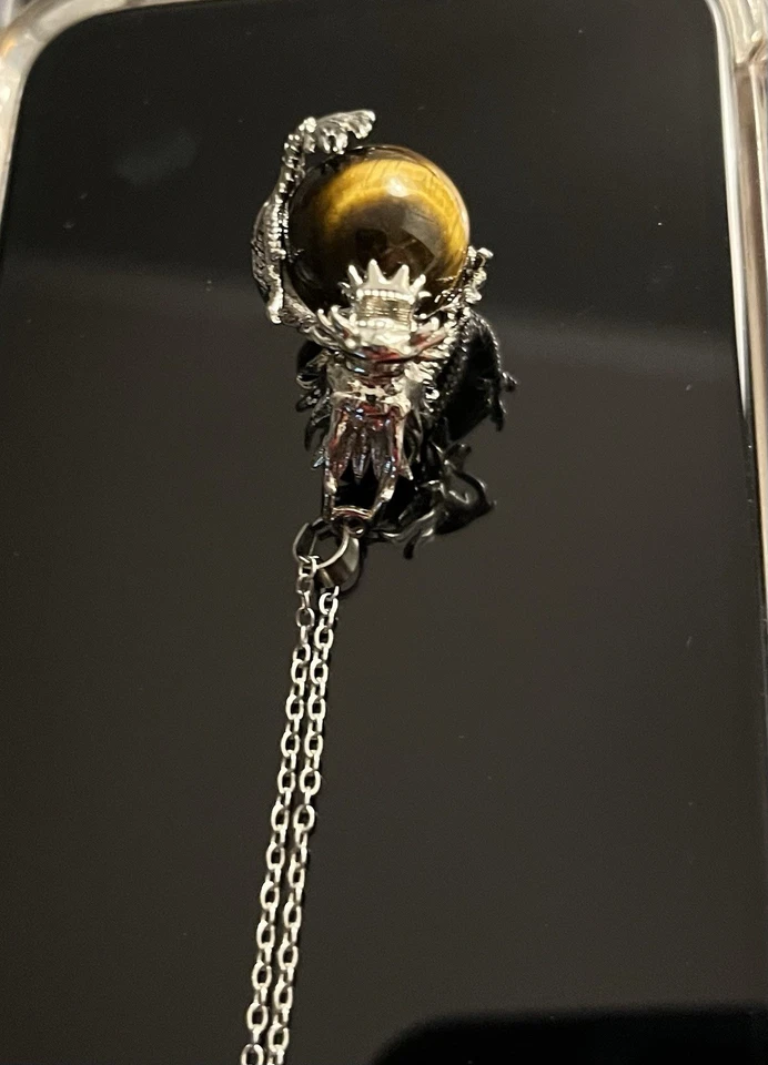 Collar Dragón Acero Inoxidable Gema Redonda Ojo de Tigre Dorado Natural 6mm Por NIA Foto 4 de 4