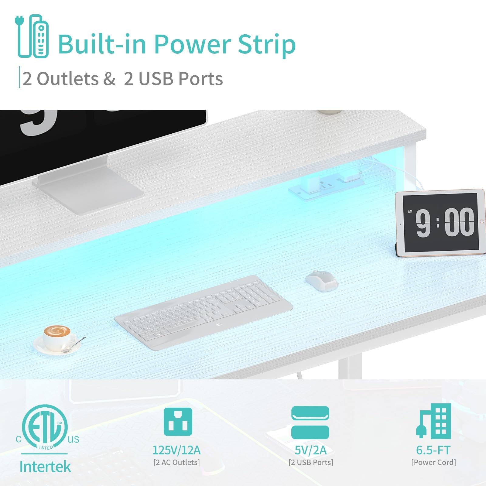 White Computer Desk with LED Lights and Power Outlets, 40 Inch Home Office De...