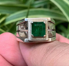 Natural Green Emerald Ring, 925 Sterling Silver 2 Carats Real Emerald Ring Men