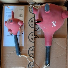 Set of 2 Handmade Red Wood Maracas with Feathers and Painted Symbols