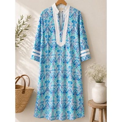 Sail to Sable STS Blue Ikat Print Midi Caftan Dress V-Neck Long Sleeve Womens XL