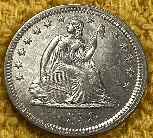 1858 Seated Liberty Quarter 25c. FREE SHIPPING. possibly Cleaned.