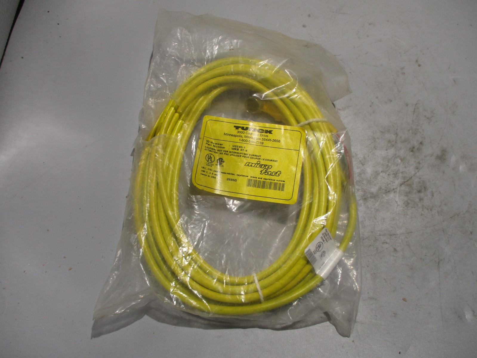 NEW TURCK WKB3T-6 CORDSET 3 PIN ANGLE CONNECTOR 6 METER CALE