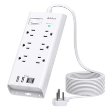 10ft Flat Plug Extension Cord, Surge Protector Power Strip 10 FT 6 AC , White