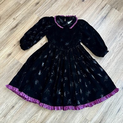 Vintage Mousefeathers Girls Size 6 Black Purple Star Witch Velvet Dress Collar
