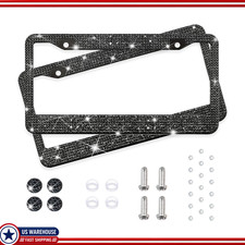 Black Crystal Bling License Plate Frame Set Women - 2 Pack Sparkly Diamond Girl