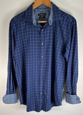 Bugatchi Men s Button Up Shirt Size M Shaped Fit Blue Plaid Paisley Cuffs Cotton
