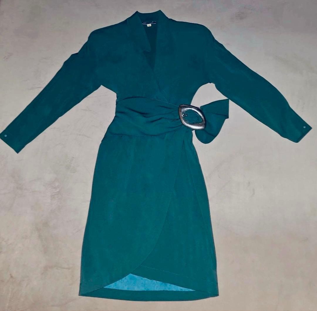 90s Thierry Mugler Vintage Wrap Dress Silver & Green Belt Rare Designer Size 7 image 6