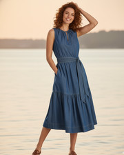 LRL Ralph Lauren Denim Dress Women 12 Blue Keyhole Neck Belted Tiered Midi