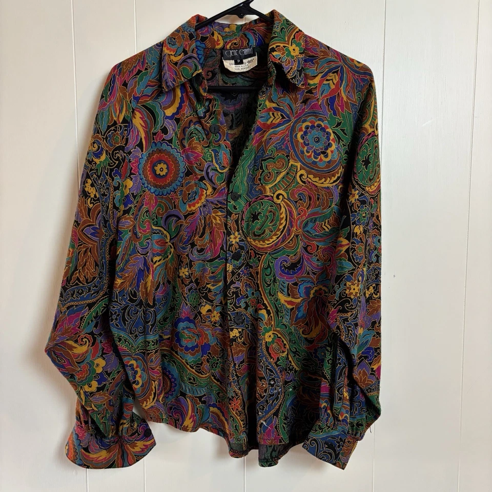 Camisa De Colección Años 80 Gene Ewing BIS Talla P Pequeña Manga Larga Estampado Floral Con Botones Foto 3 de 4