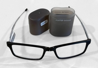 FOSTER GRANT ''Gino'' Micro-Vision 2.00 Strength Folding Black Reading Glasses NEW