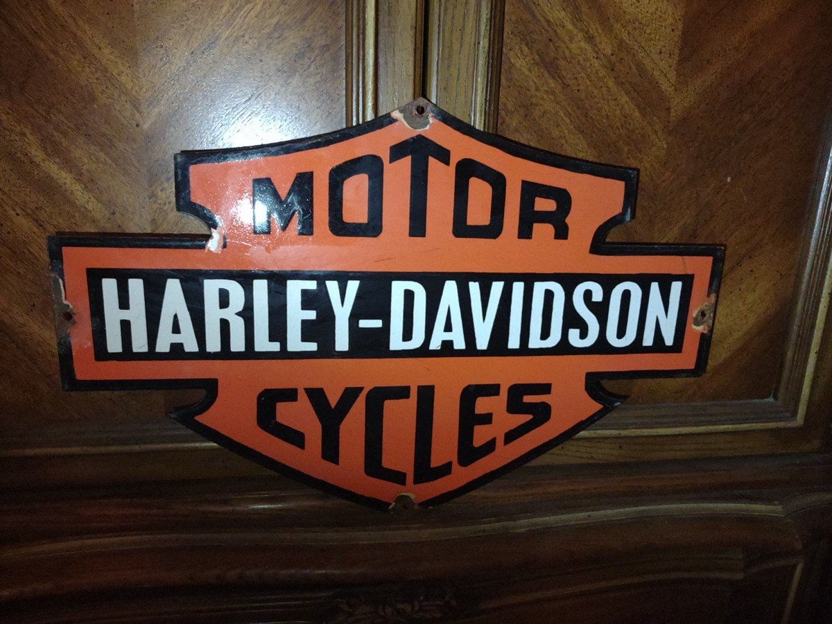 d*9様 【希少】Harley-Davidson 立体ロゴ ヴィンテージ レザー Large Rare Vtg Harley Davidson Heavy Porcelain Metal Sign