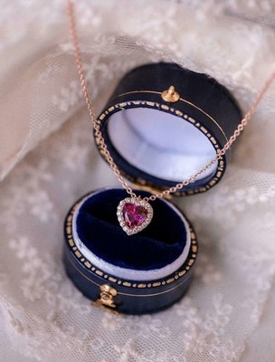Women's 2Ct Lab Created Heart Shape Red Ruby Halo Pendant 14K Rose Gold Over