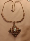 VINTAGE WEST.GERMANY GOLD TONE FILIGREE FAUX PEARL CAB PENDANT CHAIN NECKLACE — photo 1