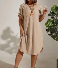 Plus Size Apricot Textured Dressed With Casual Batwing Sleeve And Crew Neck
