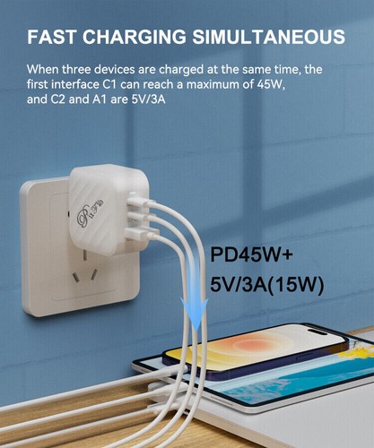 65W USB C Prise Chargeur 3 Port Type Rapide Mural Pour Samsung S24 A55 A35 - Photo 3/17