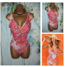 NEW BONMARCHE SWIMSUIT SIZE 24, Coral Tropical Floral Patchwork Print Swimsuit