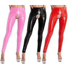 Womens Wet Look Leather Cutout High Waist Tights Long Pants Clubwear Trousers