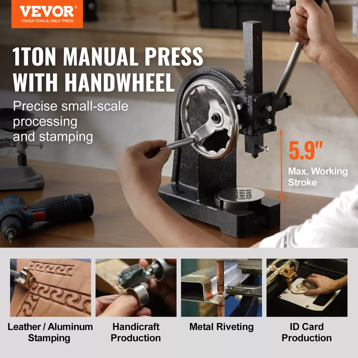 VEVOR Arbor Press 1 Ton Rivet Press Machine with Handwheel Cast Iron Assembly