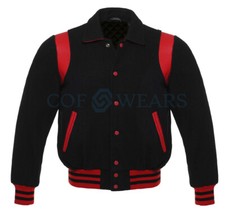 Varsity Letterman Stylish All Black Wool  Genuine Red Leather Strip Jackets