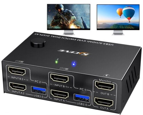 USB 3.0 Displayport+HDMI KVM Switch 2 Monitors 4 Computers 4K@60Hz