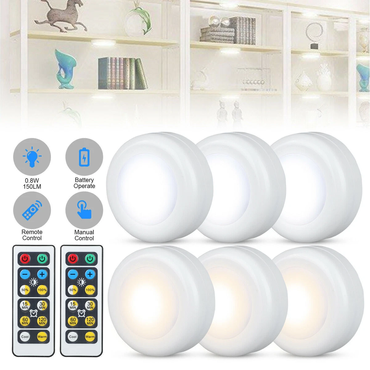 Wireless LED Puck Lights Closet Under Cabinet Lighting With Remote Control  | eBay