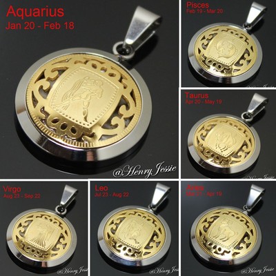 18-30''MEN Stainless Steel 1.5mm Silver Box Chain Gold Plated Zodiac Sign Pendant