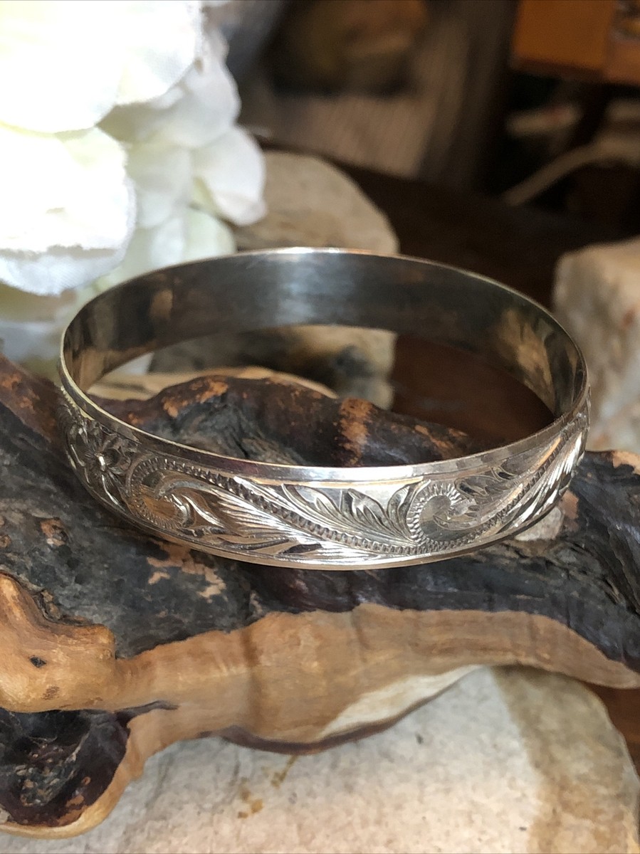 Vintage B F 925 Sterling Etched Flower Floral Bangle Bracelet 7 1 