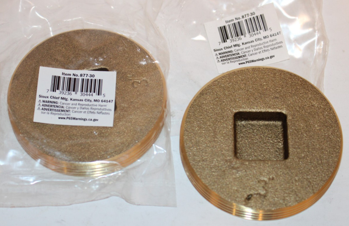 Sioux Chief 877-30 - 3" Countersunk Head, Brass Cleanout Plugs - Lot of 2