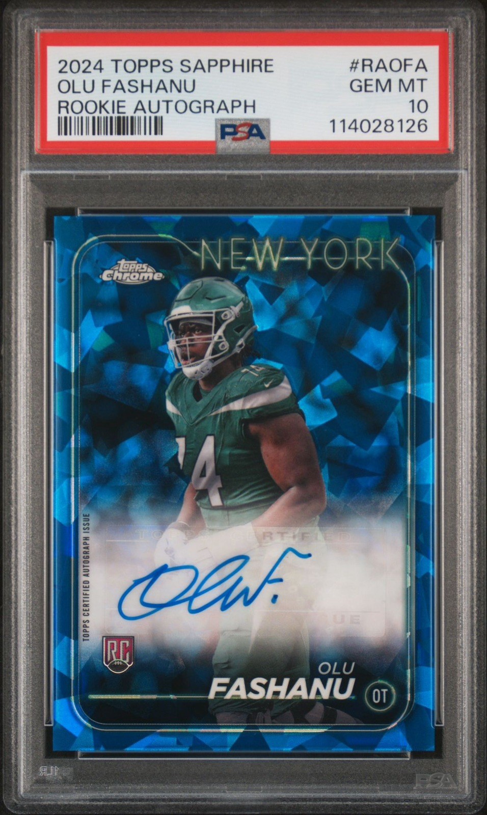 2024 Topps Chrome Sapphire Olu Fashanu Jets RC Rookie AUTO Variation PSA 10
