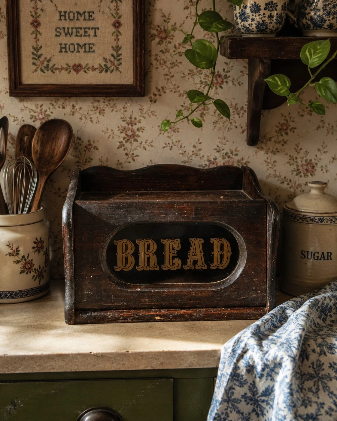 Vintage Wooden Dutch Bread Box w/ Glass Window 16x9x10.5” Granny Cottage Core