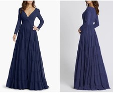 MAC DUGGAL 55311 Sz 10 LONG SLEEVE RUFFLE TIERED MIDNIGHT NAVY GOWN