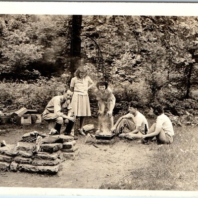c1940s Camping Picnic BBQ Campfire 5'' Snapshot Photo Friends Beer Cute Coca Cola