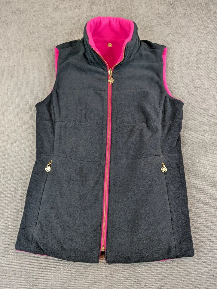 Chaleco Lilly Pulitzer Mujer S Rosa Caliente Negro Brooklee Chaqueta Polar Reversible Foto 2 de 4